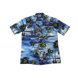 Royal Creations Hawaiian Shirt Size M Blue Palm Tree Aloha Camp Cabana